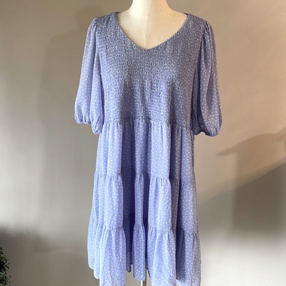 Davi & Dani plus women’s smocked tired polka dot dress light blue white lined 2X - Picture 1 of 14